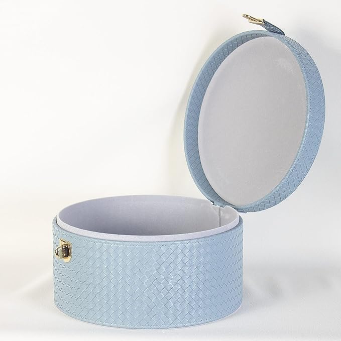 Large Leathe Decorative Boxes Set of 2 Round Hat Box Bin Basket with Lid for Shelf Coffee Table Storage Remotes Modern Home Decor (light blue)