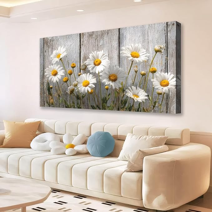 KZKU Rustic Daisy Canvas Wall Art-White Flowers on Weathered Wood Background- Large Modern Farmhouse Decor for Living Room Bedroom 20X40in