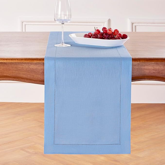 Solino Home Linen Cornflower Blue Hemstitch Table Runner 60 Inches - 100% Pure Linen Table Runner 14 x 60 Inch Ideal for Dresser and Coffee Tables - Classic Hemstitch - Spring, Easter