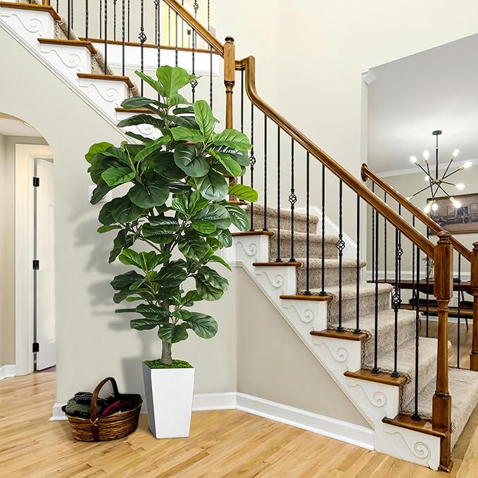 Artificial Fiddle Leaf Fig Tree 6ft, 6 Feet Large Tall Fake Plants Indoor with Modern Style Planter, Artificial Silk Tree for Home Office Living Room Decor Indoor, More Lifelike & Lush (White)