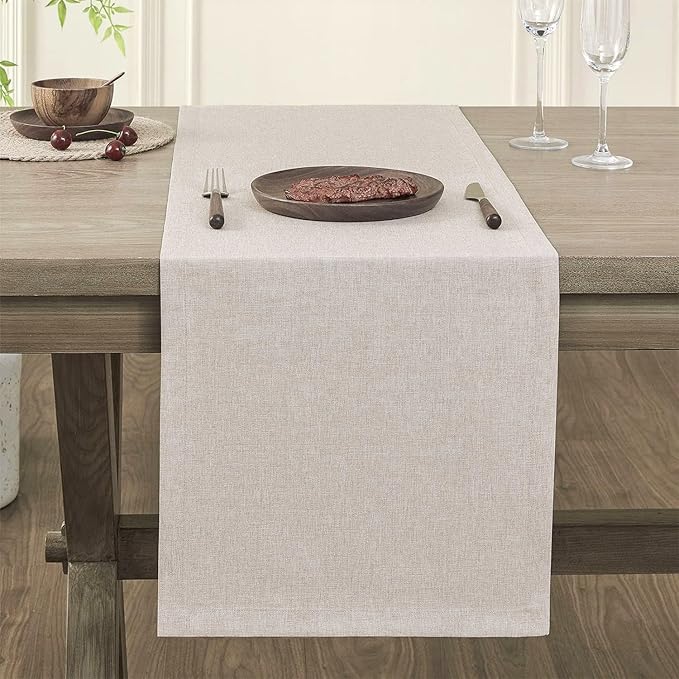 ZeeMart Basic Linen Style Table Runner, 14 x 108 Inch Light Natural Chambray, Rustic Farmhouse Neutral Table Runners 108 Inches Long, Everyday Polyester Table Runner - Machine Washable & Easy Care