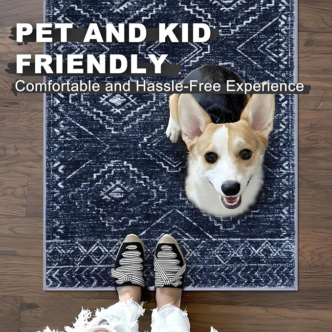 KILOCOCO Area Rug 4'x6' Entryway Rug Washable Bedroom Rugs Non Slip Printed Boho Low-Pile Rubber Backed Blue Soft Rugs for Kitchen Living Room Dining Geometric Moroccan Carpet, Dark Blue