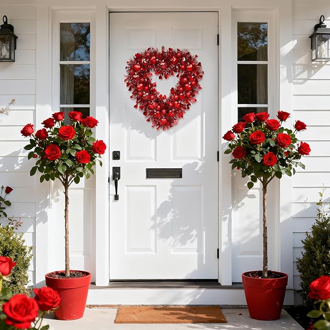 Valentines Wreath, 15.7" Red Heart Shaped Wreaths for Front Door with Tinsel Valentines Gifts Wall Decorations for Home Wedding Party Anniversary