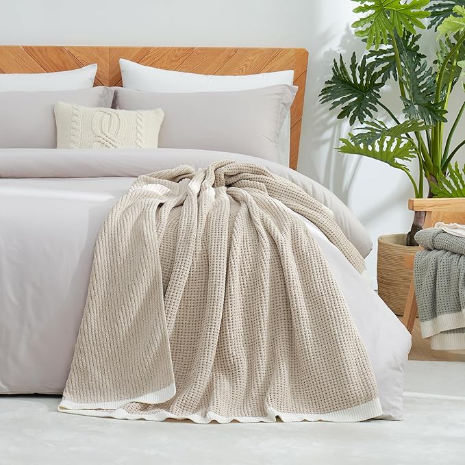 Amélie Home Waffle Throw Blanket for Couch, Soft Cozy Chenille Knit Blanket Warm Decorative Throw for Sofa, 50"x60", Beige