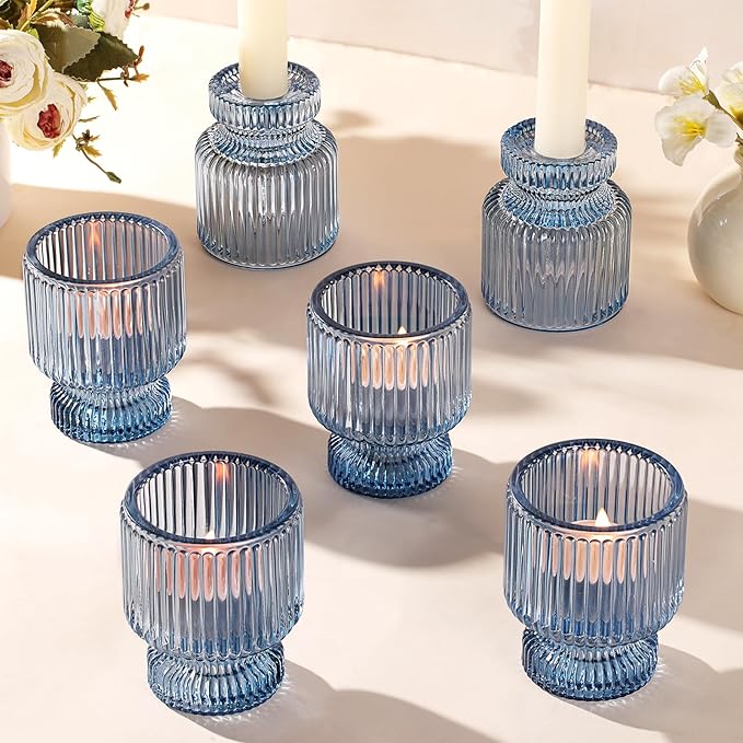 DARJEN 6 Pcs Blue Glass Candlestick Holders with Vertical Stripes - Irregular Shaped, Dual-Use for Taper Candles & Votive/Tea Lights, Candle Holders for Dining Table, Wedding, Party, Home, Gifts
