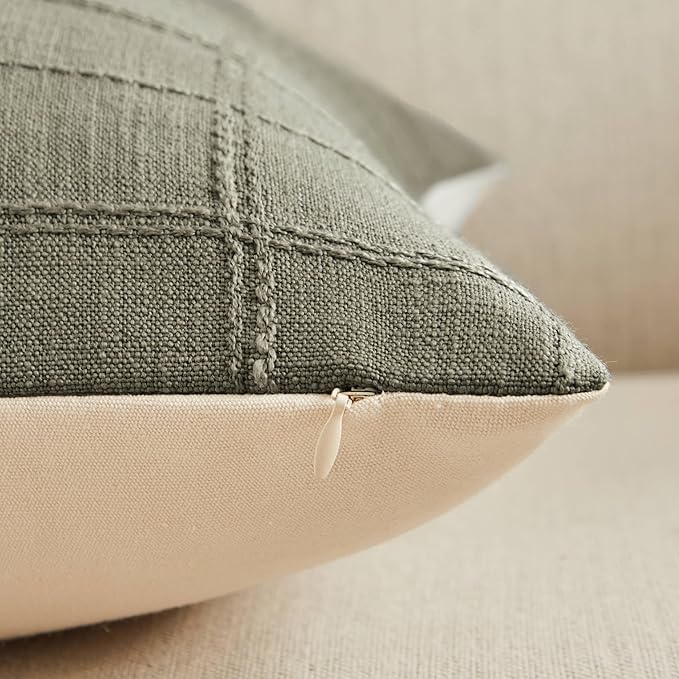 ZeeMart Linen Checked Throw Pillow Covers Set of 2, 16x16 Inch Olive/Cream, Farmhouse Decorative Single Sided Grid Embroidered Couch Pillow Cases Green Cotton Linen Cushion Covers