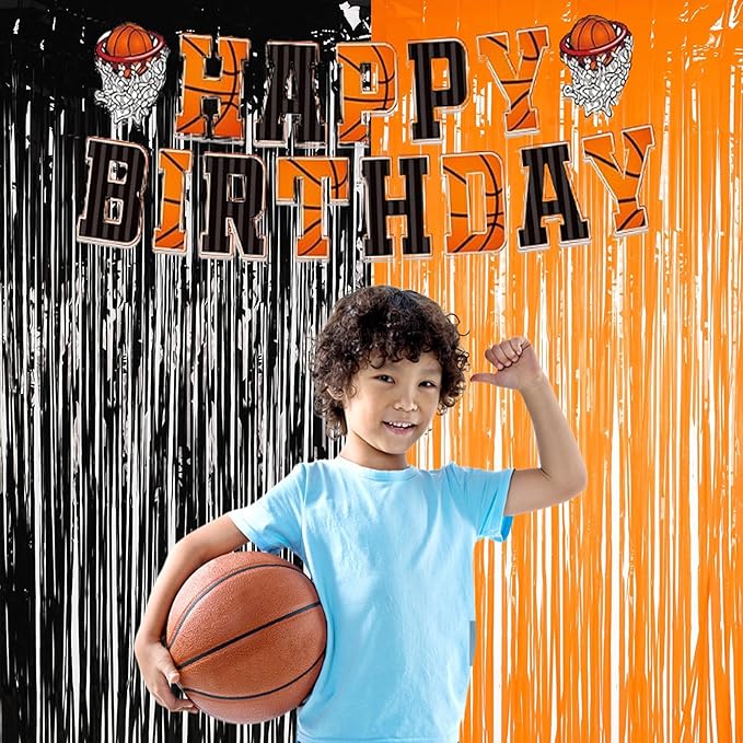 BRAVESHINE 1 Black 1 Orange Tinsel Photo Backdrop Curtains - 3.2x8.2ft Foil Fringe Streamer Curtain for Birthdays, Halloweens, Graduations, Pumpkin, Home, Indoor or Outdoor Party Supplies Decorations