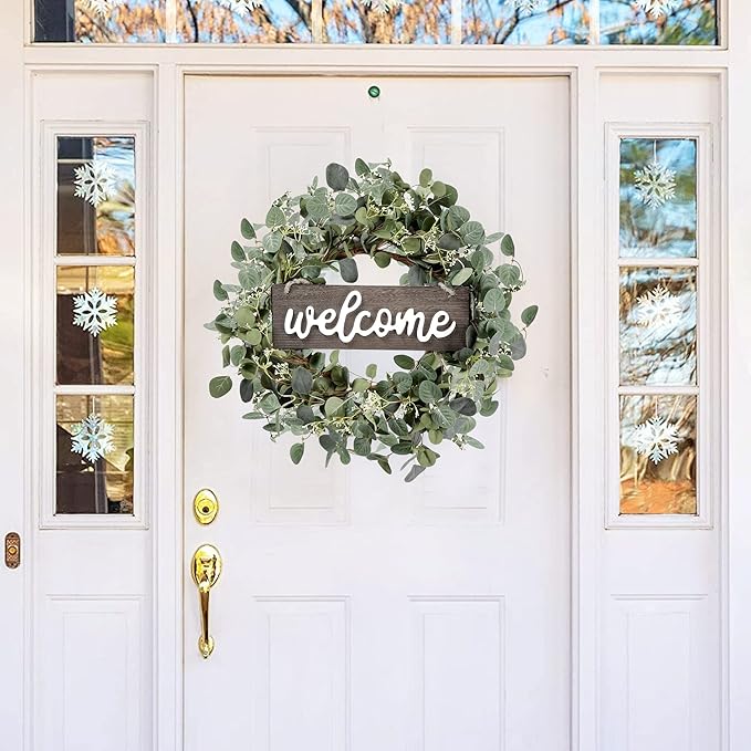 Sggvecsy Green Eucalyptus Leaf Wreath with Welcome Sign 20in Artificial Eucalyptus Wreath Spring Summer Wreath for Front Door Wall Window Farmhouse Festival Porch Patio Garden Decor