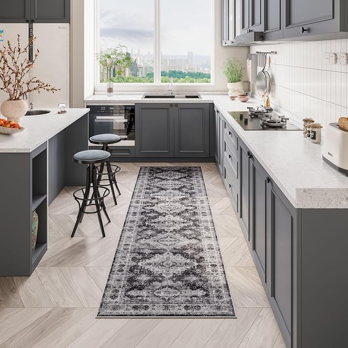 Dripex Hallway Runner Rug 2x10, Washable Rug Kitchen Rug Non Slip with Rubber Backing Soft Thin Vintage Carpet Runner for Entryway Bedroom Bathroom Laundry Room Living Room Decor, Charcoal/Black