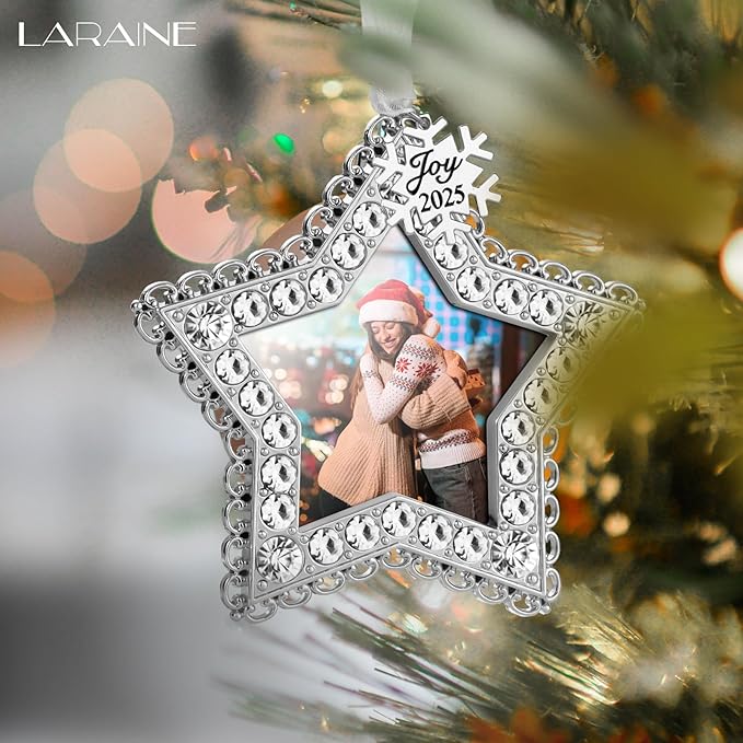 Laraine Christmas Tree Ornaments 3 Pieces – Decorative Hanging 2025 Rhinestones Pendant with Small Picture Frame Insert for Pet Holiday Keepsake Gift (Silver (2025))