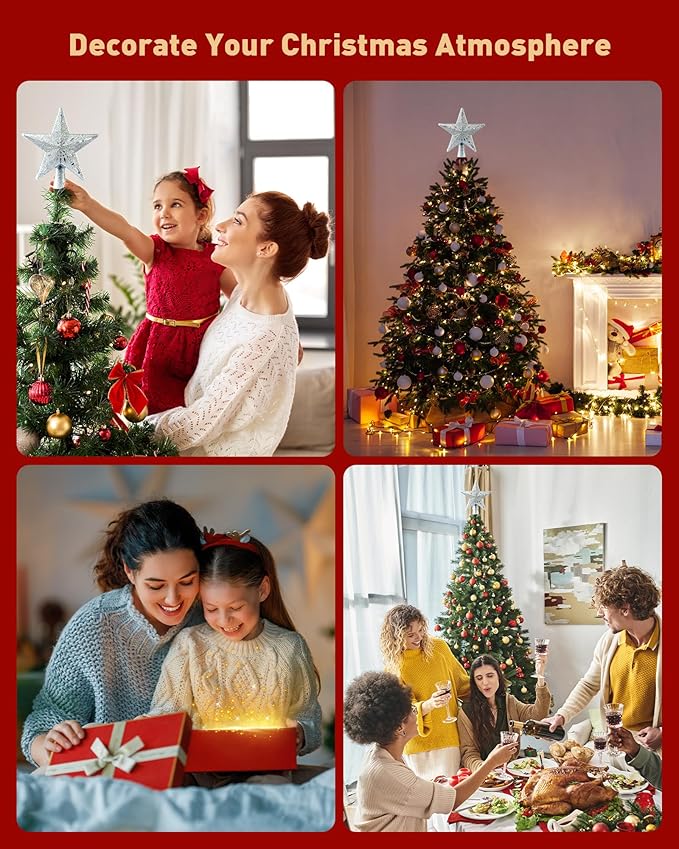 Christmas Tree Topper Lighted with 6 Patterns Projector, Christmas Star Tree Topper Built-in 3D Glitter LED Rotating Lights, Hollowed Christmas Tree Ornament for Xmas Party Holiday Decoration(Silver)