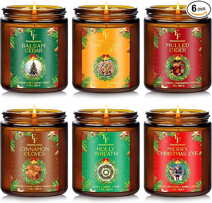 Christmas Candles Set, Scented Candles for Home, 6 Pack Holiday Natural Soy Candles, Christmas Gifts for Women Men, Winter Fragrance of Cedar/Cookies/Cider/Cinnamon/Wreath/Christmas Eve