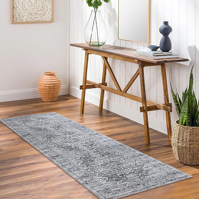 KUTA Vintage Washable Runner Rug, 2x7 Non-Slip Vintage Grey Blue White Hallway Kitchen Runners Soft Printed Distressed Tribal Farmhouse Floor Carpet Rugs for Laundry Bedroom Living Room