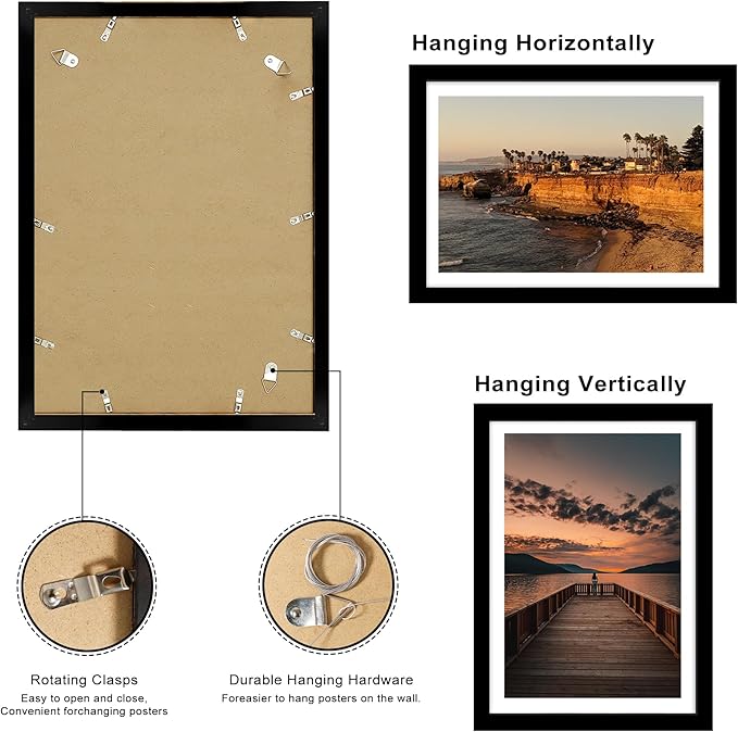 14x20 Poster Frame Set of 2, 14 x 20 Wood Picture Frames with Mat for 12x18, Wooden Photo Frame with Tempered Glass Cover for Wall Mounting Display, Black