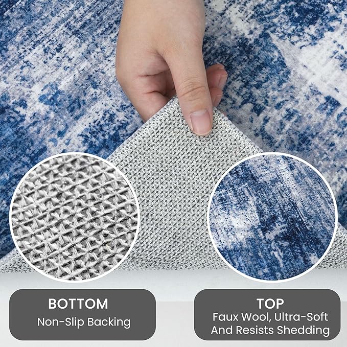 IOHOUZE Abstract Area Rug 3x5 Ft Washable Rugs for Entryway Indoor, Non Slip Kitchen Rug Printed Faux Wool Throw Rugs, Indoor Door Mat for Door Entrance Foyer Living Room, Navy/Grey