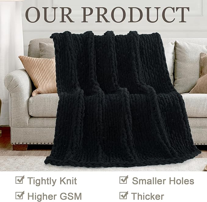 Chunky Knit Throw Blanket 50"X 60", 100% Handmade with Soft Chenille Yarn, 4.4lbs Thick Cable Knitted Blankets, Large Rope Knot Crochet Throws for Couch Sofa Bed Home Decor, Black