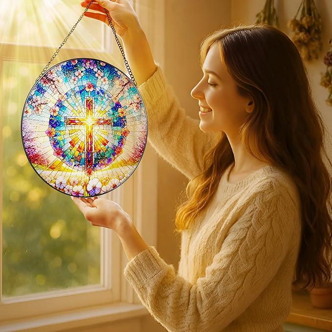 8 Inches Cross Stained Glass Suncatcher, Stained Glass Window Hanging, Spiritual Sun Catcher, Cross Ornament Gift, Christian Home Decor, Christian Gifts, Religious Gifts, Gift for Christmas