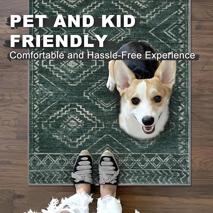 KILOCOCO Boho Entryway Rug 3x5 Area Rug Washable Non Slip Throw Rugs Soft for Kitchen Living Room Dining Bedroom Geometric Moroccan Carpet, Green