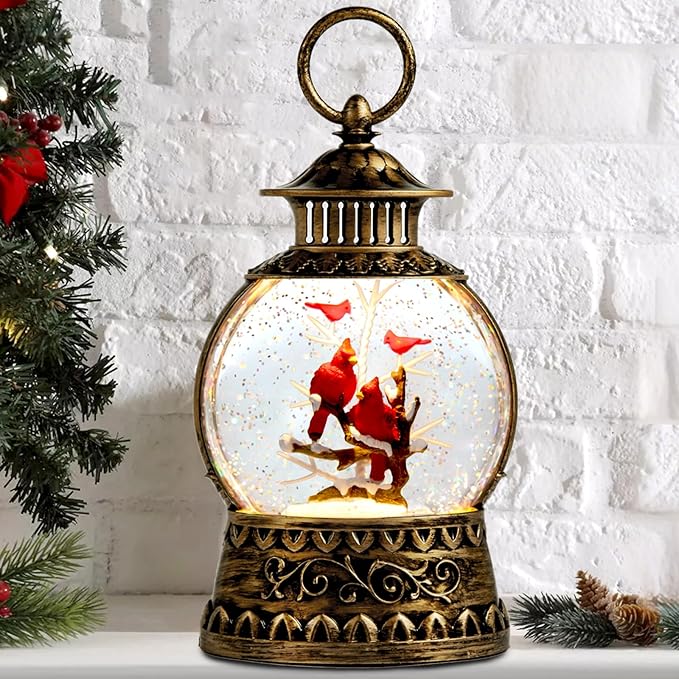 Cardinal Christmas Snow Globe, Cardinal Musical Snow Globe Lantern Lights with 6H Timer Battery & USB Powered, Retro Style Holiday Glitter Globe for Xmas Home Decoration Holiday Party Gifts