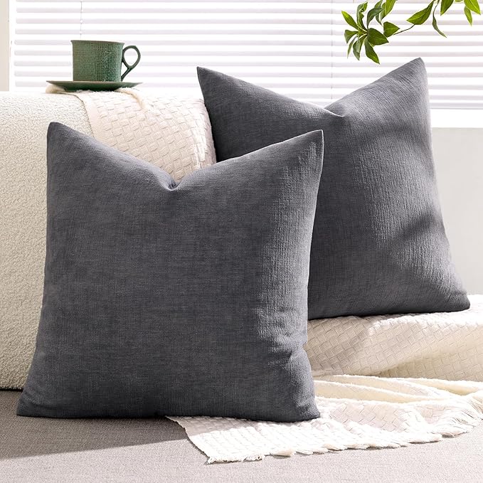 MIULEE Grey Couch Pillow Covers 18x18 Inch, Set of 2 Soft Chenille Decorative Square Throw Pillow Covers Farmhouse for Sofa Living Room Bed