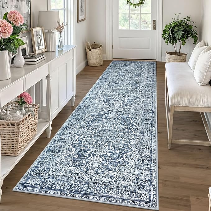 KUTA Vintage Runners for Hallways 2.6x10 Non-Slip, Blue White Washable Kitchen Rug Ultra Soft Printed Distressed Traditional Medallion Floor Carpet for Bedroom Living Room