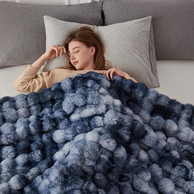 COOVA Faux Fur Throw Blanket for Couch, Cozy Soft and Fuzzy Plush Rabbit Fur Bubble Blanket for Sofa Bedroom Living Room, 50x60 Inches Tie Dye Light Blue