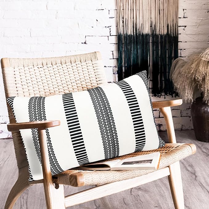 Decorative Throw Pillow Covers Set of 2 Black Boho Striped Pillow Covers 12x20 Inch Throw Pillow Cover Linen Pillowcase Farmhouse Outdoor Pillow Covers for Couch Sofa Bed Living Room