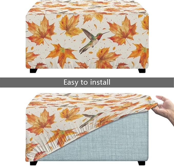 Fall Maple Leaves Ottoman Cover with Hummingbird - Elastic Stretch Slipcover, Machine Washable Furniture Protector for Rectangular Footstools, 30x24x15 inch