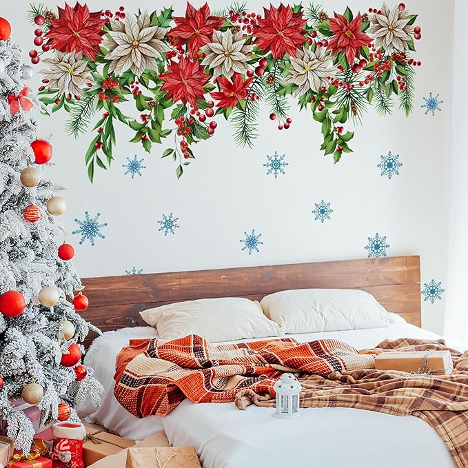 Christmas Wall Stickers Decor- Flower Wall Decals Peel and Stick Xmas Santa, Reindeer, Gifts Removable Wall Art for Home Party Office Classroom Winter Holiday (A)