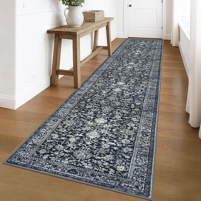 KILOCOCO Runner for Hallway 3x16 Runner Rug Printed Vintage Floral Washable Rug Kitchen Runners Soft Non-Slip Low Pile Hallway Runners Laundry Room Distressed Boho Rugs, Navy/Charcoal