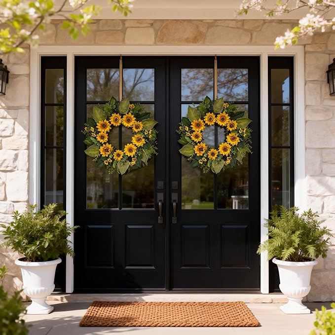 24 Inch Sunflower Wreath for Front Door – Artificial Spring Summer Wreath with Greenery, Ferns & Boxwood Leaves – Bright Yellow Floral Farmhouse Door Decor for Home Porch Wall Indoor Outdoor
