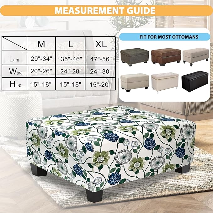 Ottoman Cover Rectangle Printed,Stretch Slipcover for Rectangular Footstool,Soft Fabric with Non-Slip Elastic Bottom,Decorative Furniture Protector for Living Room,Large,Flower C