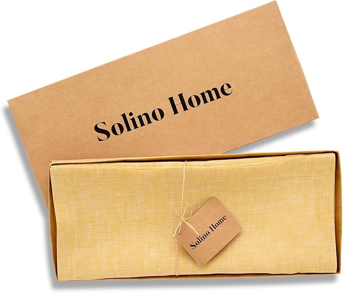 Solino Home Linen Table Runner 120 Inches Long - Athena, 100% Pure Linen Chambray Mustard Yellow Table Runner 14 x 120 Inch for Dining, Spring, Easter