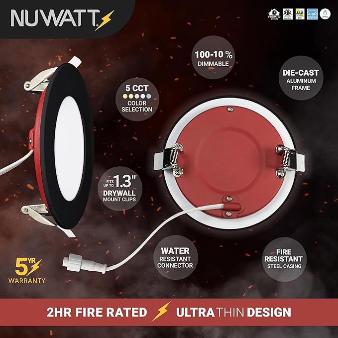 NUWATT 2 Hour Fire Rated Recessed Lighting 4 Inch Wafer LED Lights, 5 CCT 2700K/3000K/3500K/4000K/5000K, Wet & IC Rated, CRI 90 Black Recessed Lighs, 12W, Dimmable 900LM, No Tenmat Needed, ETL, 6 Pack