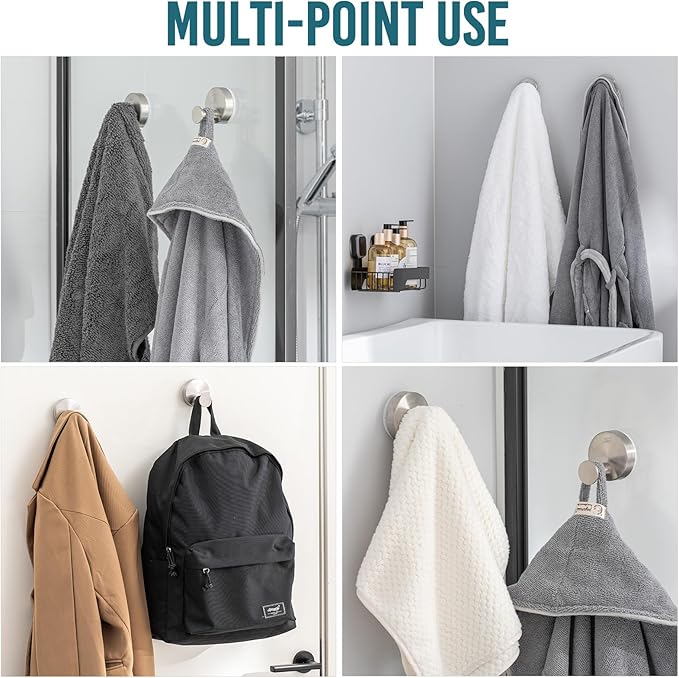 TAILI 304 Stainless Steel Bathroom Suction Hooks for Towel, Bathrobe, Loofah, Patented Strong Suction Cup Holder, No Damage Hanging Glass Shower Wall Hook, Classic Round, 2 Pack, Silver