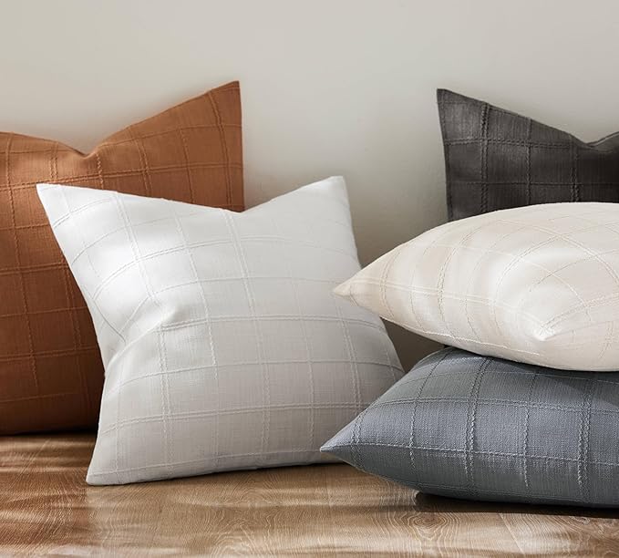 ZeeMart Linen Checked Throw Pillow Covers Set of 2, 16x16 Inch Allover Grid White, Farmhouse Decorative Double Sided Grid Embroidered Couch Pillow Cases White Cotton Linen Cushion Covers
