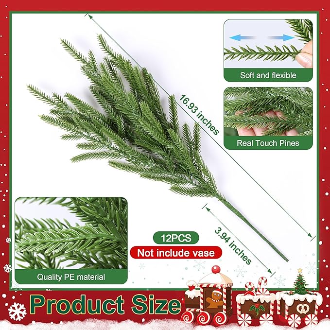 HyeFlora 14 PCS Christmas Norfolk Pine Stems with Small Pine Cones Branches, 19 In Real Touch Artificial DIY Greenery Pine Needles Picks,Xmas Faux Cedar Pine Branche for Vase Indoor Outdoor Home Décor
