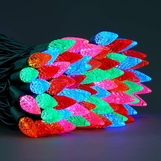 YULETIME Multicolor C6 Strawberry LED Christmas Lights, 33 ft 100 Count 4" Spacing One-Piece High Waterproof UL Certified String Light (Multi-Colored)
