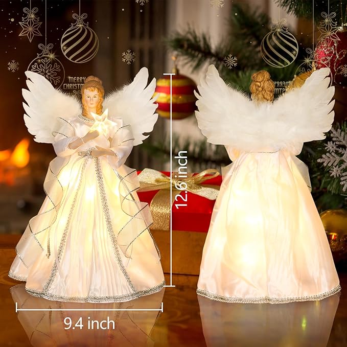 HMASYO Christmas Tree Topper Angel with Timer Lights, 12" Angel Tree Toppers with White Feather Wings, Star Light, Remote Control and USB Power Xmas Treetop Decor for Indoor Office Holiday Party