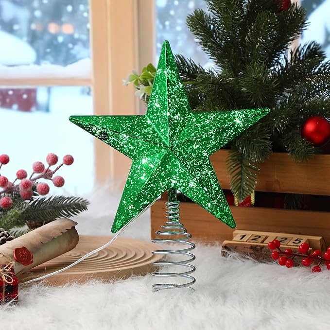 Green Christmas Tree Star Topper with Lights, 8.5-Inch Light-Up Christmas Tree Topper with Remote Control, 4 Brightness Levels & 8 Light Modes, Faux Mercury Glitter Design with 20 Lights