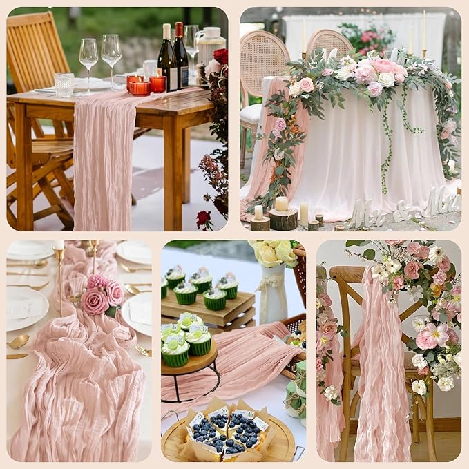 Asee'm 12pcs Cheesecloth Table Runner 120 Inches Dusty Pink Boho Gauze Cheese Cloth Runner 10FT Rustic Sheer Table Runners for Summer Wedding Baby Shower Holiday Party Decoration