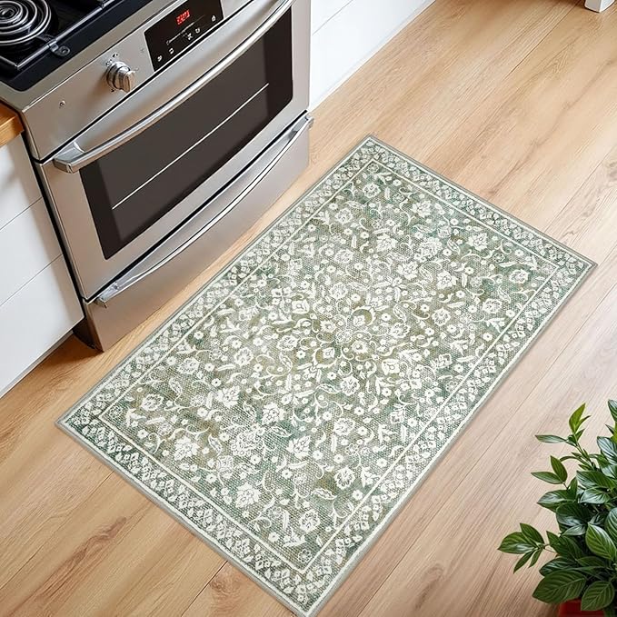 Vintage Entryway Rug Indoor, Sage Green Beige Washable Rug 2x3, Small Area Rug with Non-Slip Backing, Floral Print, Thin Faux Wool Super Soft Door Mat for Kitchen, Entrance, Bedroom, Office