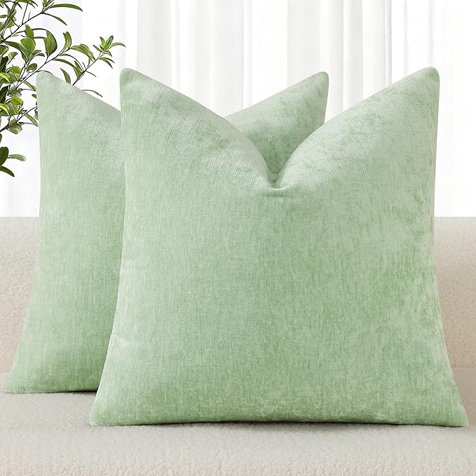decorUhome Chenille Sage Green Christmas Throw Pillow Covers 26x26 Inch Set of 2, Decorative Soft Couch Pillow Covers Solid Dyed Accent Farmhouse Neutral Square Pillow Cases for Sofa