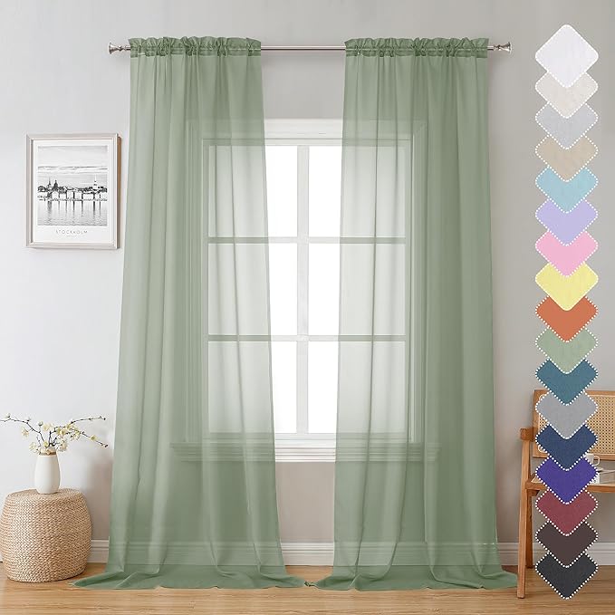 Lecloud Sheer Curtain Panels Set 96" Inches Long, Solid Voile Light Filtering Airy Curtains Window Treatment Drapes for Living Room, 2 Panels Elegant Bedroom Sheer Curtains, Sage Green, 40" Wx96 L