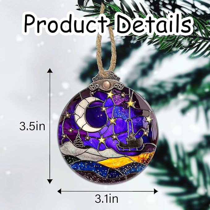 Stained Glass Christmas Decorations,Purple Night Scene with Stars Moon Suncatcher for Window Christmas Tree Hanging Ornaments Sun Catcher Xmas Decor Gifts for Women Men Mom Nana Friend