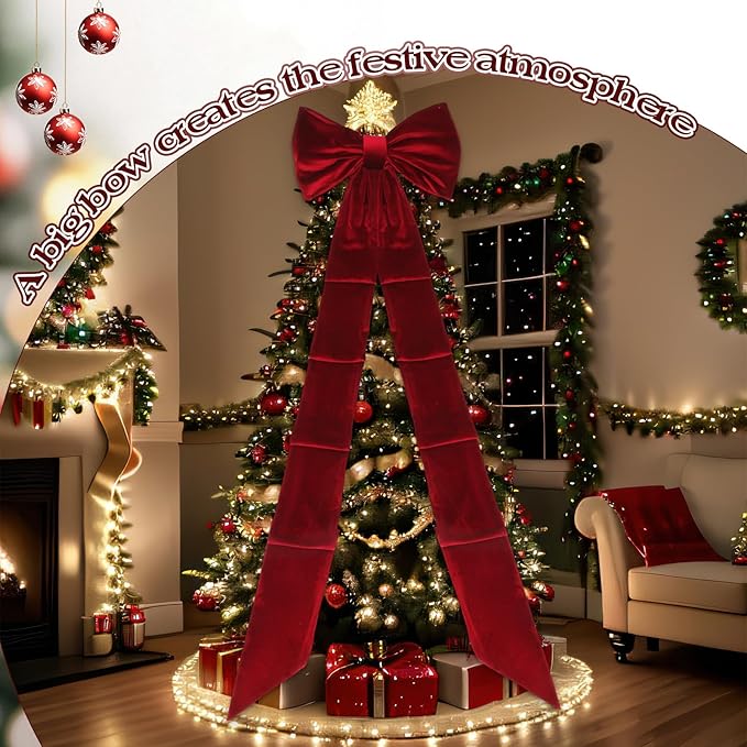 Christmas Tree Topper Bow 90x18 Inch Giant Large Velvet Bow with Long Streamers Huge Decorative Wrapping Gift Decor for Xmas Tree Front Door Patio Outdoor Wedding Arch(Burgundy)