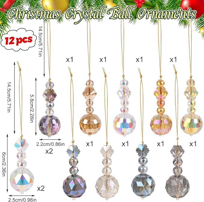 CCINEE Crystal Christmas Ball Ornaments, 12 Pcs Mini Iridescent Glass Prism Balls Drop Small Ornaments for Christmas Tree Wedding Party Home Decorations