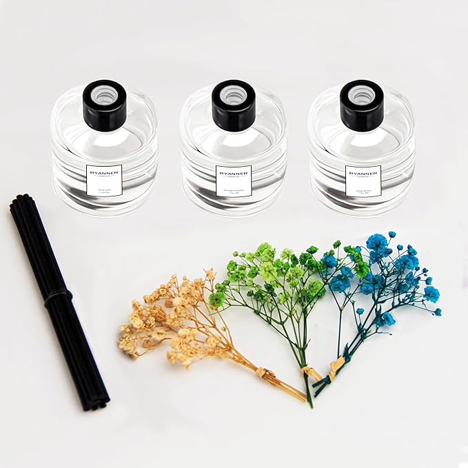 Reed Diffuser Set of 3 Pack,Fresh Linen/Ocean Breeze/Eucalyptus & Mint Scented Oil Diffuser with 12 Sticks(1.7 fl oz Each Pack),Air Freshener for Bedroom Bathroom Office | Shelf Decor