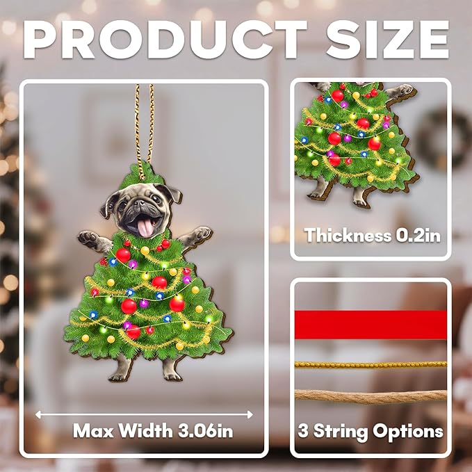 34HD Pug Christmas Ornament 2025 – Wooden Hanging Xmas Tree Ornament Decoration, Cute and Funny Christmas Keepsake Gifts and Home Decor for Dog Lovers and Pet Owners