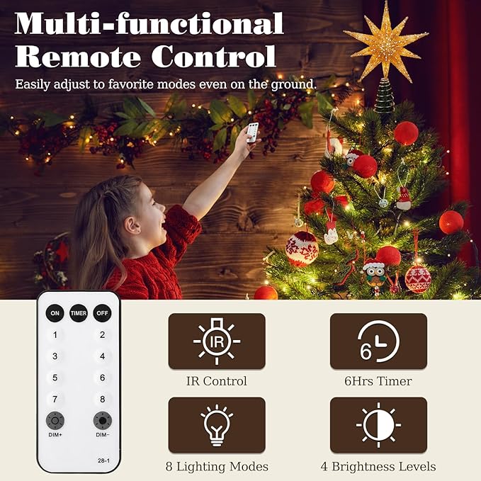 Lewondr Christmas Tree Topper Star, 13 Inch 10-Pointed Light Up Xmas Star Treetop with Plug and Remote Control for Home Christmas Decoration, 6H Timer & 8 Lighting Modes, Warm Light, Gold